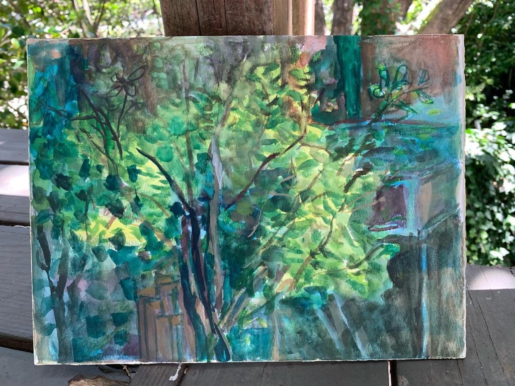 Gouche and watercolor painting of tangerine tree next to a chicken coop, under redwood trees. Loose brushwork style and high contrast of leaves with background.