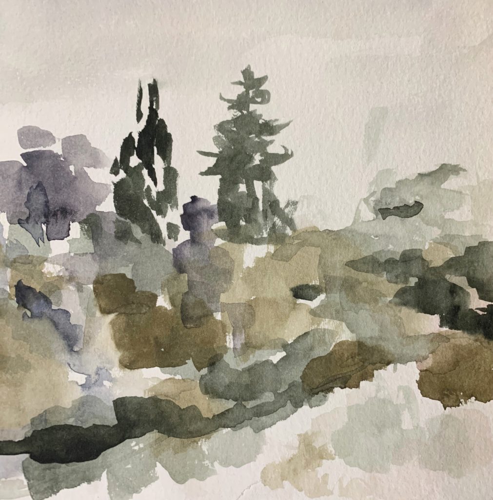 tinted sumi ink painting of trees and shrubs on a low ridge.